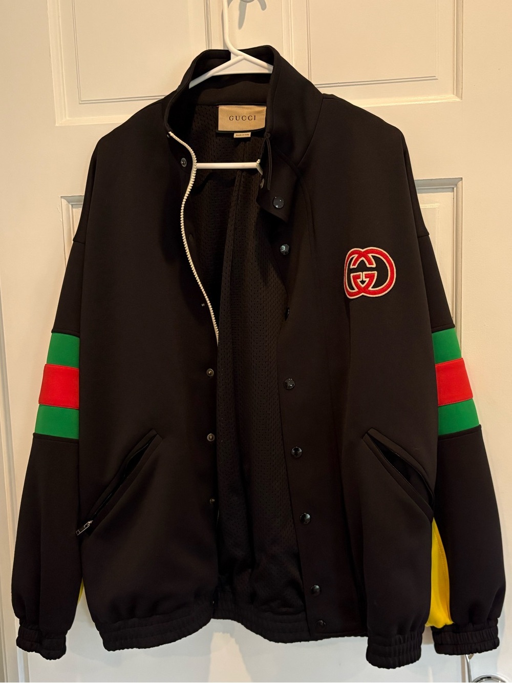Gucci Black Bomber Jacket with Red & Green Sleeve Stripes